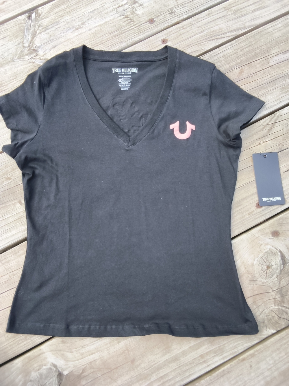 True Religion Black V-Neck Short Sleeve Tee with Pink Logo